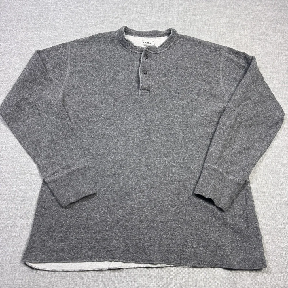 L.L. Bean River Driver Henley Shirt Mens Large Gray Crew Neck Button Cotton Wool